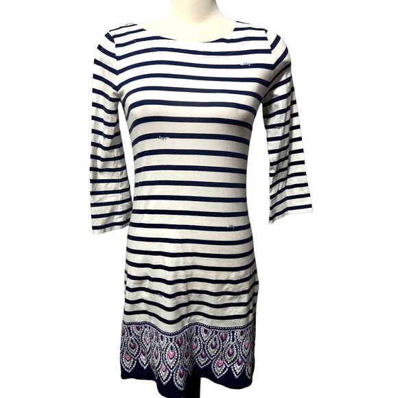 Lilly Pulitzer Striped Mini Cotton Sun Dress Sz Small Navy Blue & White 3/4 Slee - Picture 2 of 14
